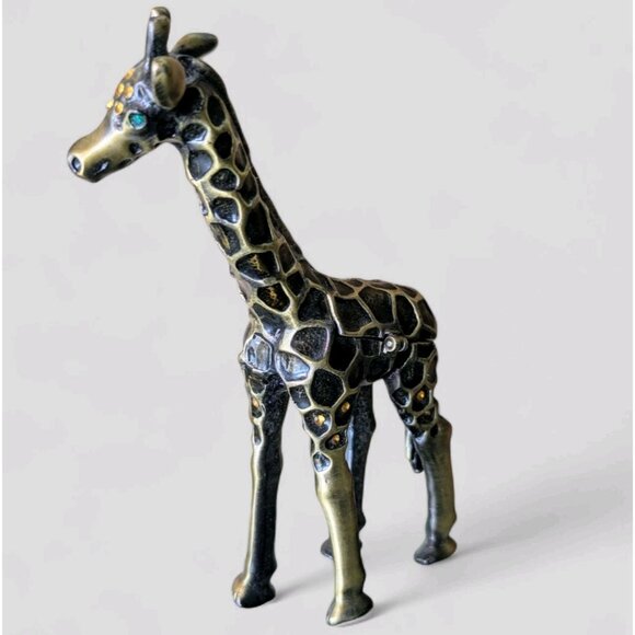 Hinged Enamel Giraffe Trinket Box Magnetic Closure Rhinestone Jeweled Green Eyes - Picture 1 of 11